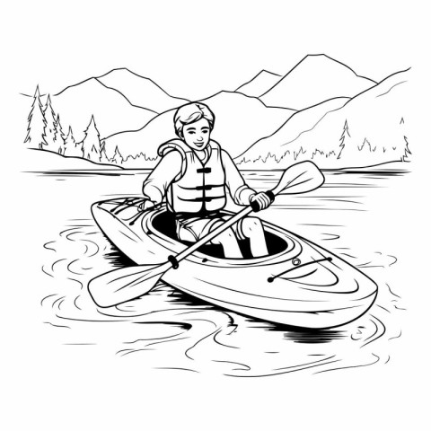 man kayaking on the lake. sketch vector graphics monochrome illu