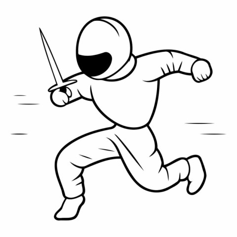 Fencing - Black and White Cartoon Illustration of a Fencing Figh