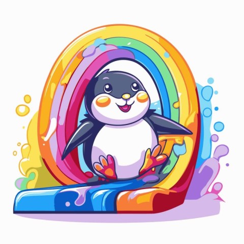 Cute cartoon penguin on a rainbow background. Vector illustratio