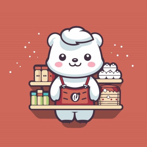 Cute polar bear cartoon character in bakery shop. Vector illustr