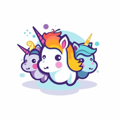 Cute cartoon unicorn and little unicorns on white background. Ve