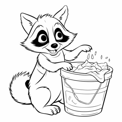 Raccoon washing bucket. Vector illustration of a cartoon raccoon