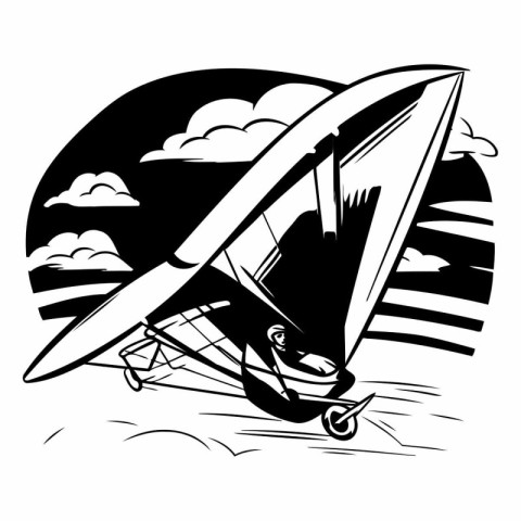 Hang glider flying in the sky. Black and white vector illustrati