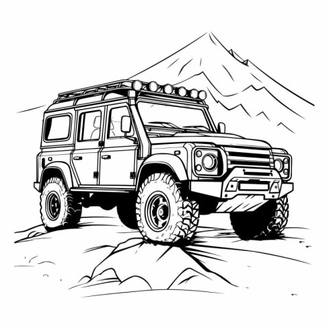 Off-road vehicle in the mountains. Black and white vector illust