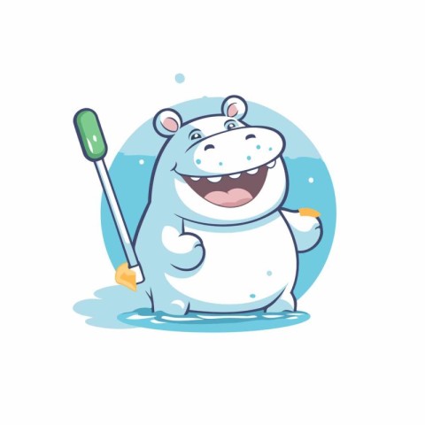 Cute cartoon hippo character with toothbrush. Vector illustratio