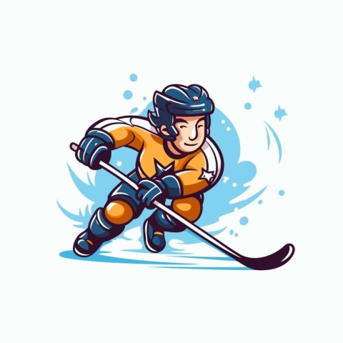 Hockey player with the stick on ice. Vector cartoon illustration