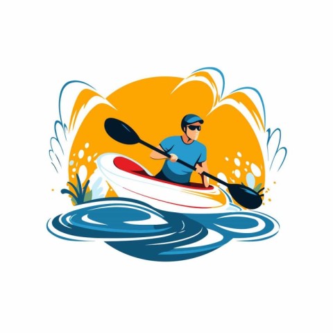 Man rowing in a kayak on the river. Vector illustration