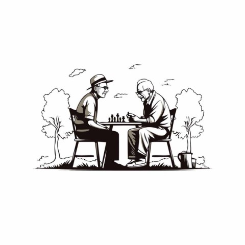 illustration of two senior men playing chess in the park on whit