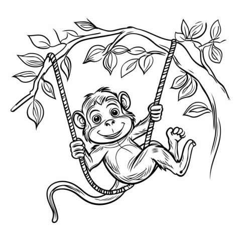 Monkey swinging on a tree branch. Vector illustration in sketch