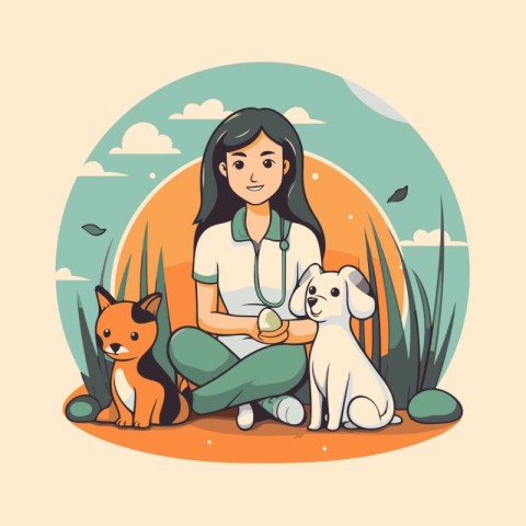 Veterinarian woman with dog. Vector illustration in cartoon styl