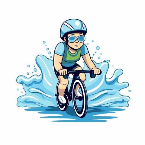 Cyclist riding bicycle on water splashes. Vector illustration.