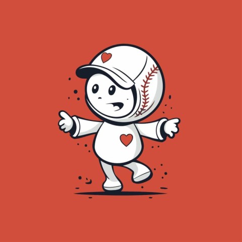 Cute cartoon baseball player. Vector illustration on a red backg