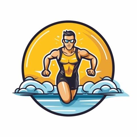 Vector illustration of a swimmer swimming in the ocean with surf