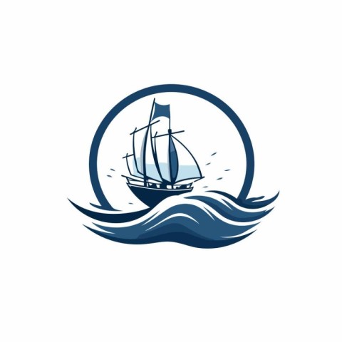 Sailing ship icon on the sea waves background. Vector illustrati