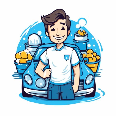 Cartoon man with ice cream in the car. Vector illustration.