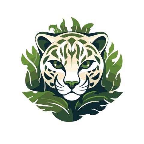 Leopard head with green leaves on white background. Vector illus