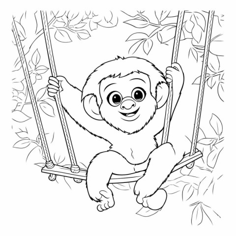 Monkey on a swing. Coloring book for children. Vector illustrati