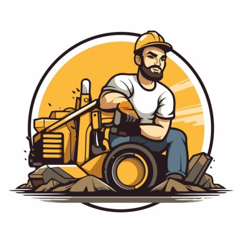 Bulldozer. Vector illustration of a construction worker with hea