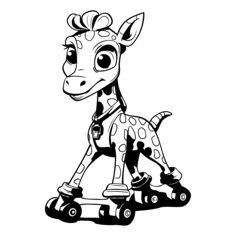 Giraffe on roller skates. Black and white vector illustration.