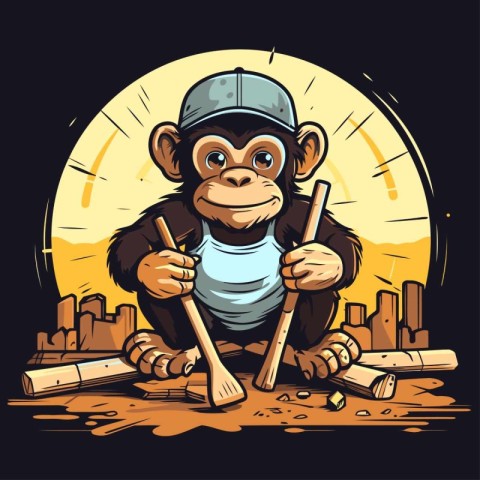 Monkey with a baseball bat and a baseball bat. Vector illustrati