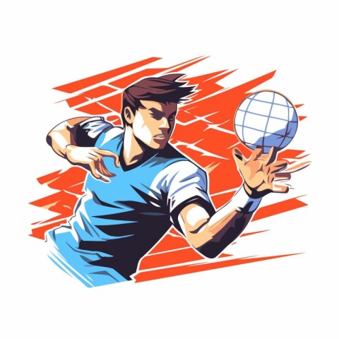 Illustration of a soccer player holding ball and racket set insi