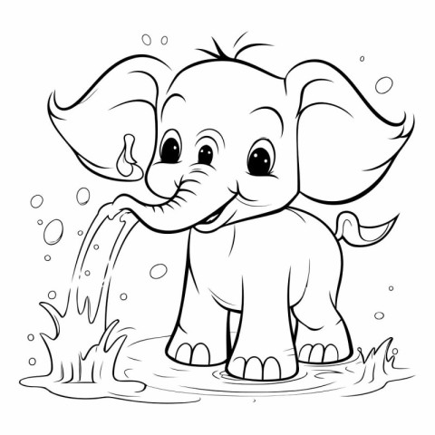 Coloring Page Outline Of cute elephant in the water. Vector illu