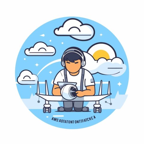 Airplane pilot with camera. Vector illustration in flat linear s