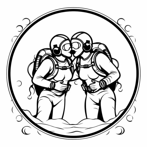 Astronauts. Black and white vector illustration for coloring boo