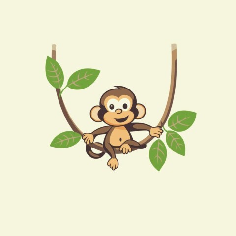 Cute cartoon monkey sitting on a tree branch. Vector illustratio