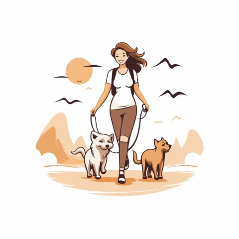 Woman walking with her dogs. Vector illustration in hand drawn s