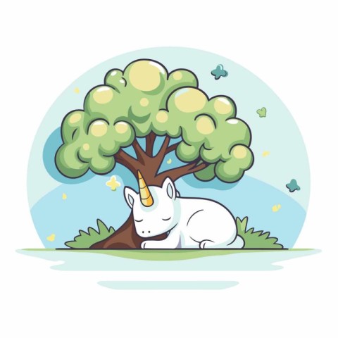 Cute white unicorn and tree. Vector illustration in cartoon styl