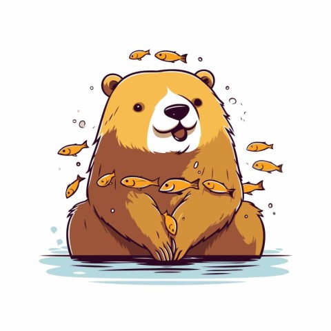 Cute cartoon beaver sitting in water with fish. Vector illustrat