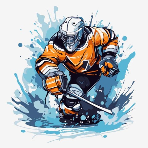 Ice hockey player with the stick and puck in action. Vector illu