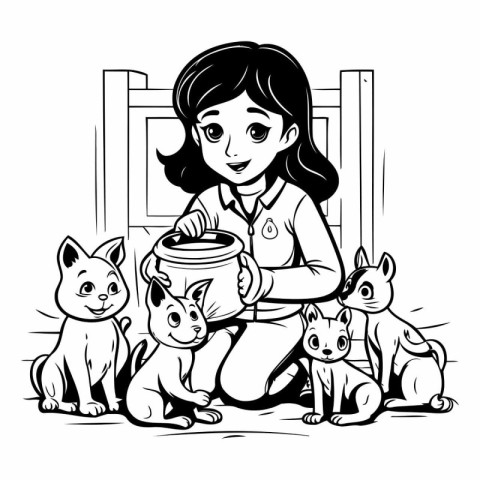 Girl with pets. Black and white vector illustration for coloring