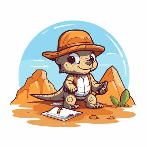 Cute crocodile reading a book in the desert. Vector illustration