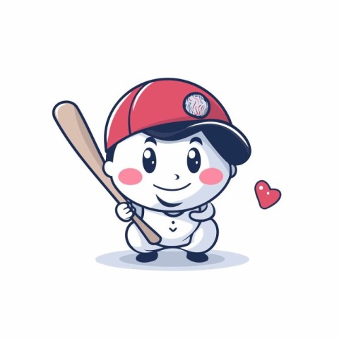 Cute baseball player with baseball bat and heart. Vector illustr