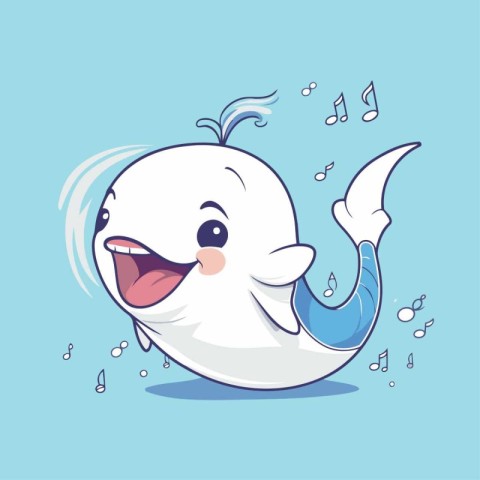 Cute cartoon whale with music notes on blue background. Vector i