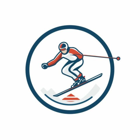 Skiing logo. Vector illustration of skier jumping on ski slope.