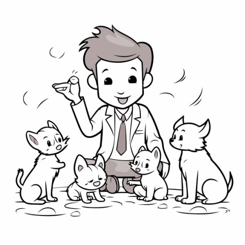 Illustration of a Businessman Standing Beside his Pets and Givin