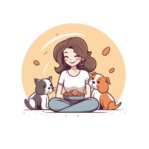 Cute girl with dog and bowl of food. Vector illustration.