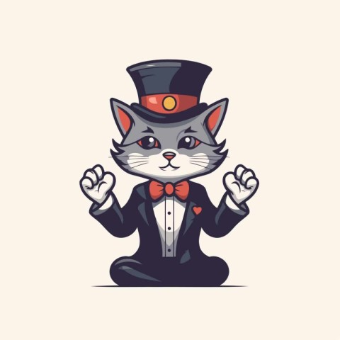 Cute cat in a hat and bow tie. Vector illustration.