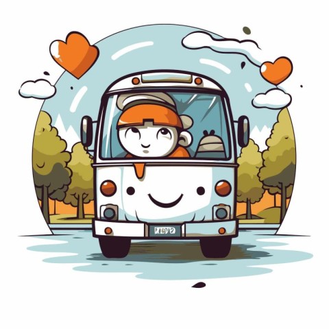 Vector illustration of a cute little boy driving a bus in the pa