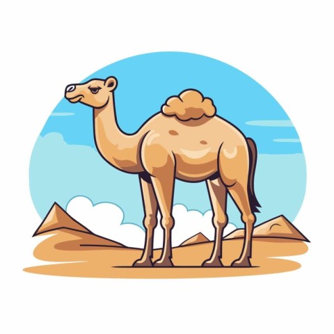 Camel in the desert. Vector illustration in flat cartoon style.