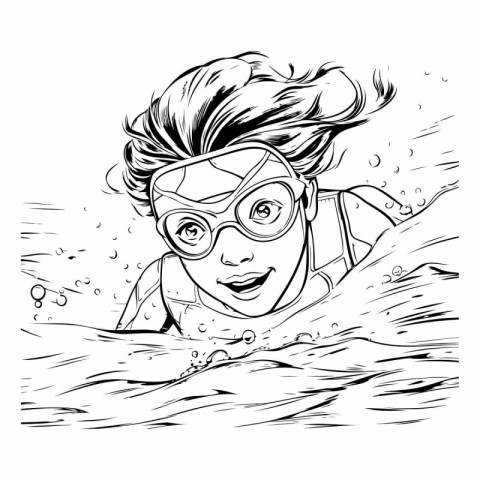 Girl swimming in the sea. Black and white vector illustration in