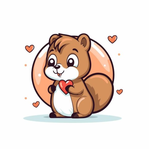 Cute cartoon beaver holding a red heart. Vector illustration.