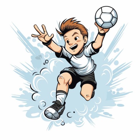 Soccer player jumping and kicking a soccer ball. Vector illustra