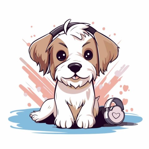 Cute Cartoon Shih Tzu Puppy with headphones. Vector illustration