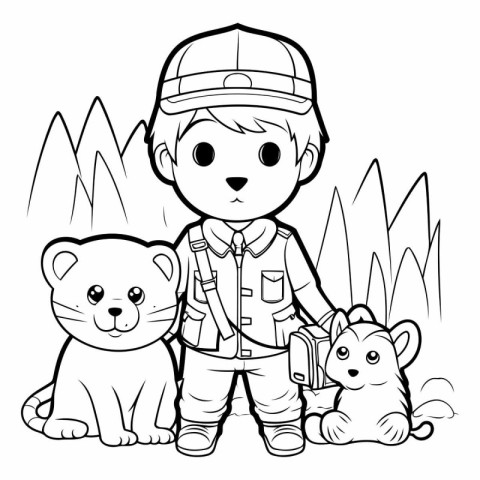 Outline illustration of a boy with a dog and a cat.