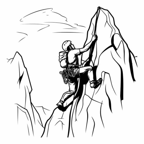 Rock climber on a cliff. Black and white vector illustration.