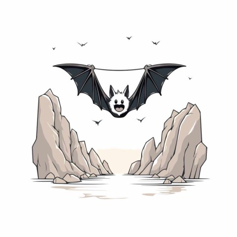 Bat flying on the rocks in the sea. Vector cartoon illustration.